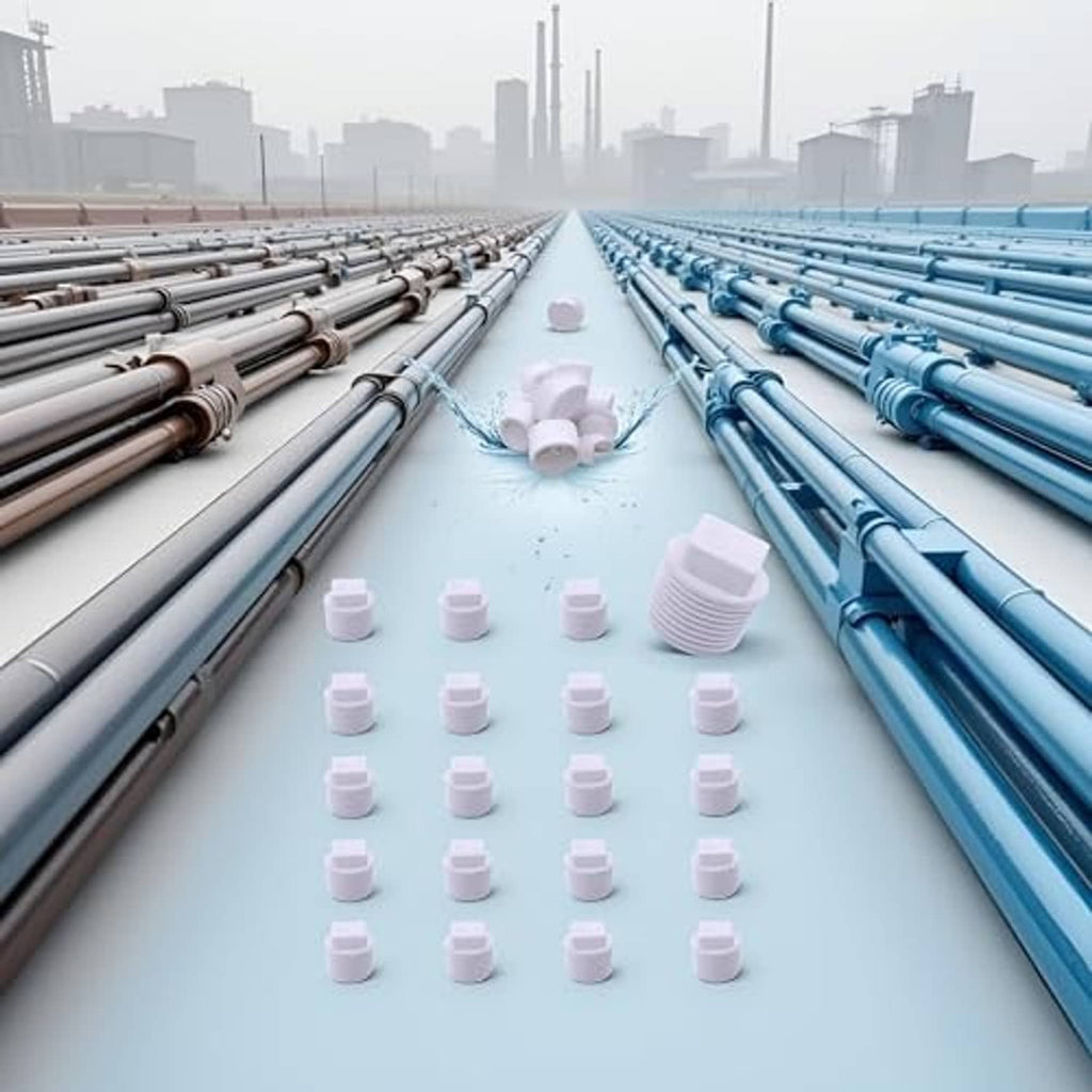 White PVC male threaded pipe end caps, 1/2 inch, group of caps on pipes