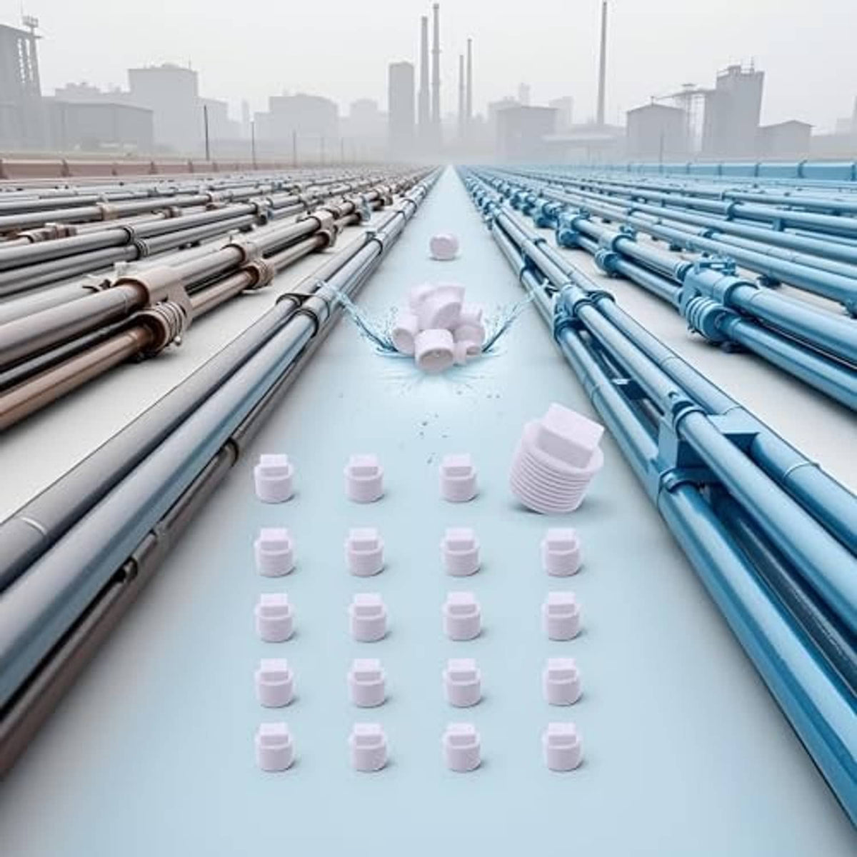 White PVC male threaded pipe end caps, 1/2 inch, group of caps on pipes