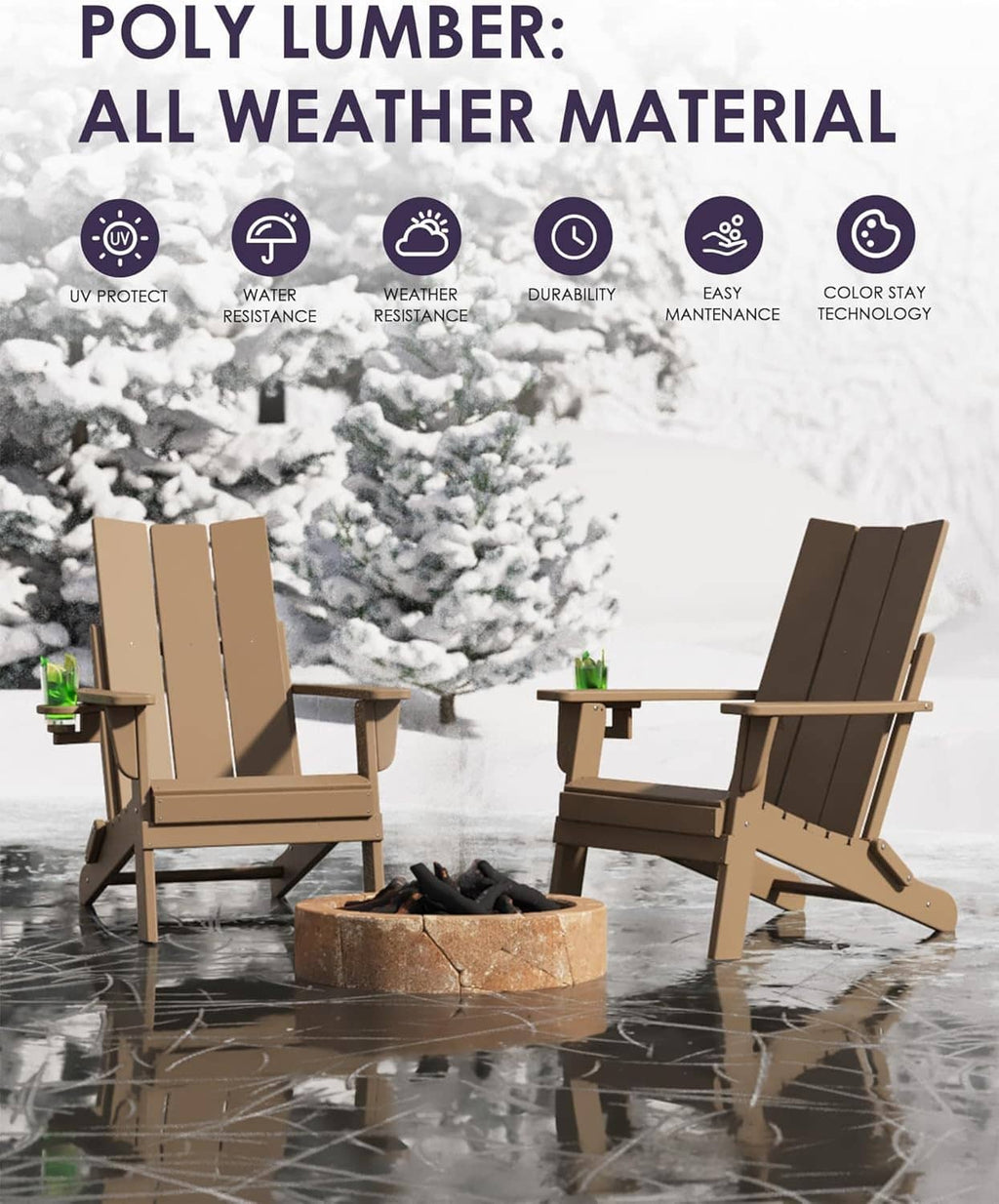 Tan folding Adirondack patio chairs with cup holders beside a firepit in snow