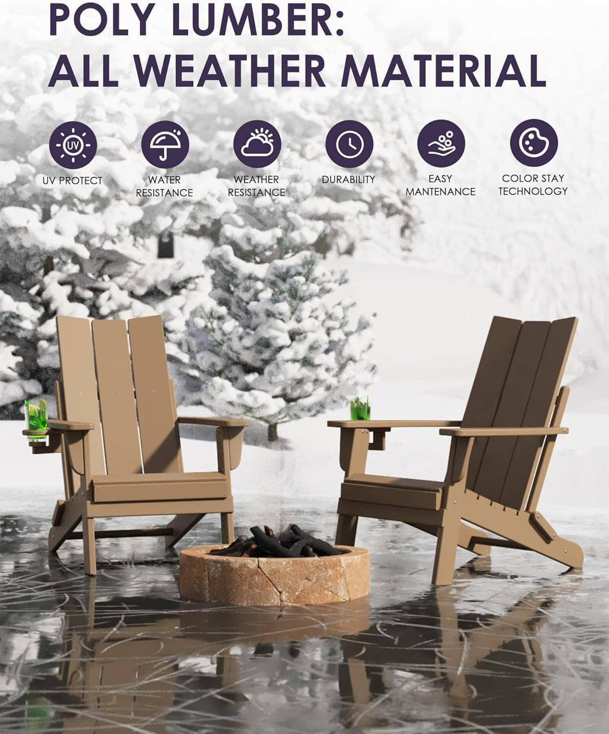 Tan folding Adirondack patio chairs with cup holders beside a firepit in snow