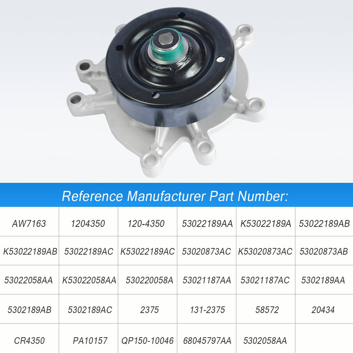 Engine water pump assembly with black housing, green-sealed center, and silver mounting brackets