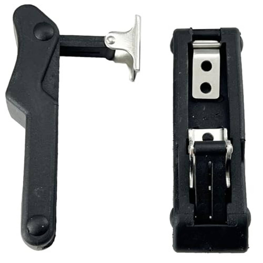 Black front storage rack latch and metal bracket with latch slot, two-piece set