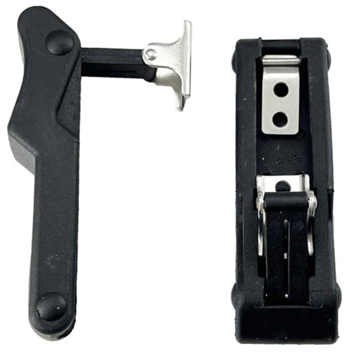 Black front storage rack latch and metal bracket with latch slot, two-piece set