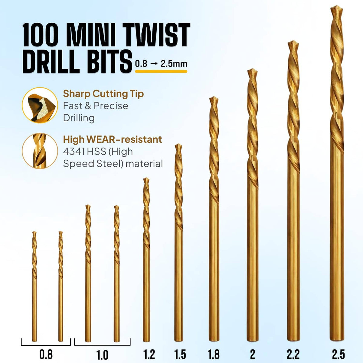 Set of 10 mini twist drill bits, 0.8–2.5 mm, gold color for resin and crafts