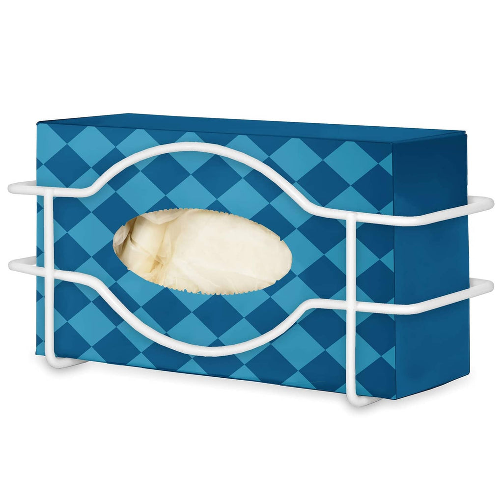 White metal single glove box dispenser with curved front bars and blue patterned backing