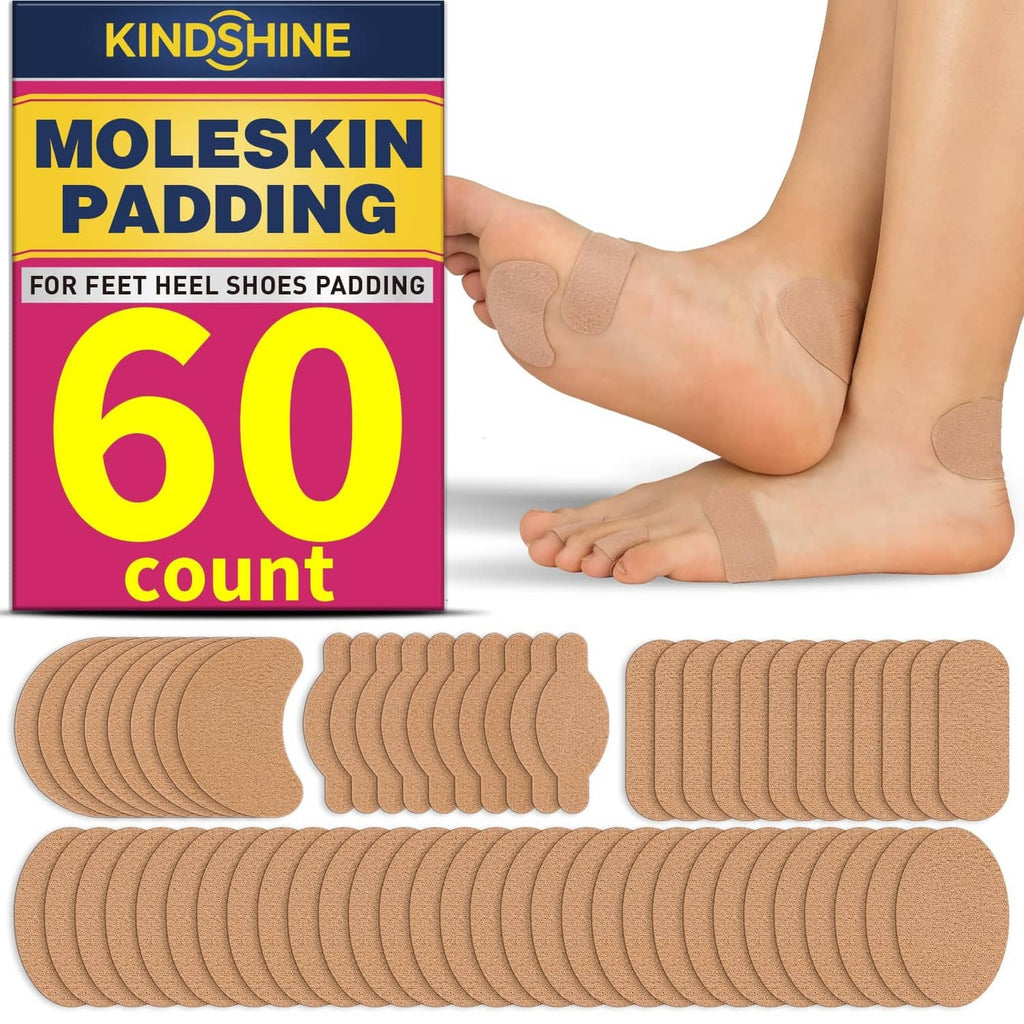 Beige moleskin adhesive blister-prevention strips on feet with layered strip set