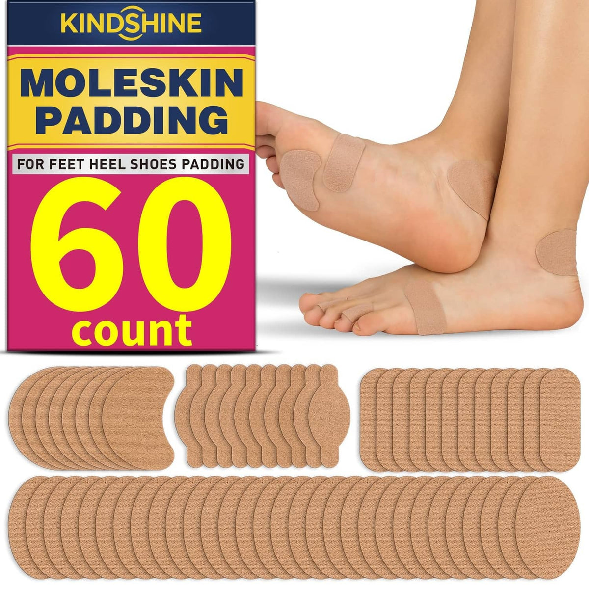 Beige moleskin adhesive blister-prevention strips on feet with layered strip set