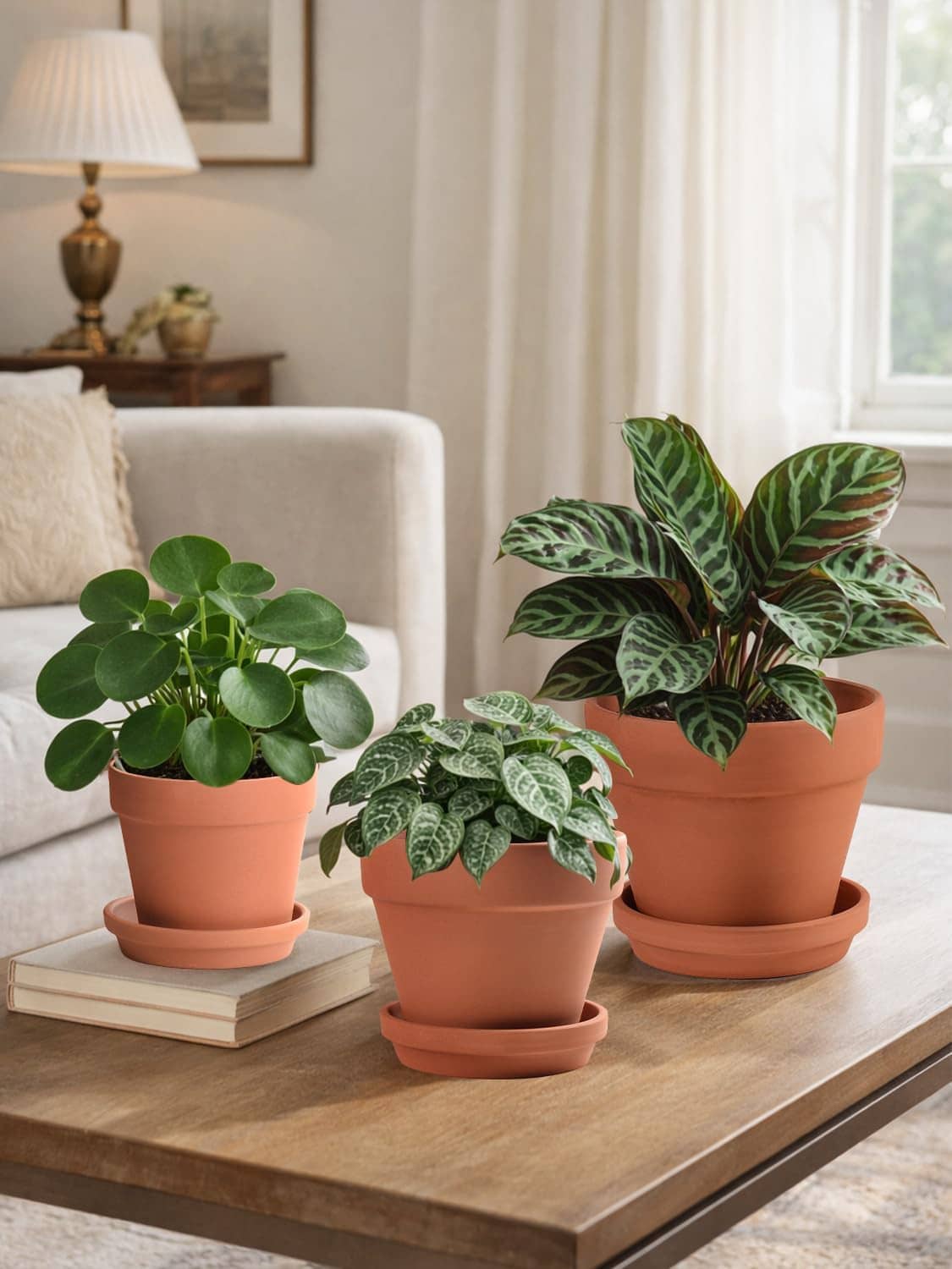 Terracotta ceramic plant pots set with saucers, four planters with leafy plants on table