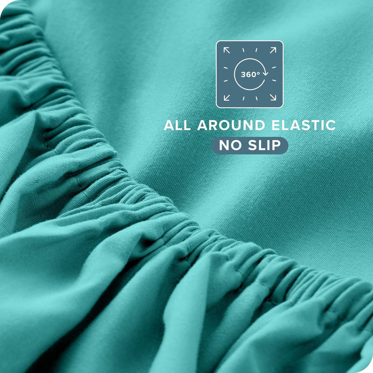 Turquoise sheet corner with gathered elastic for a snug, no-slip fit