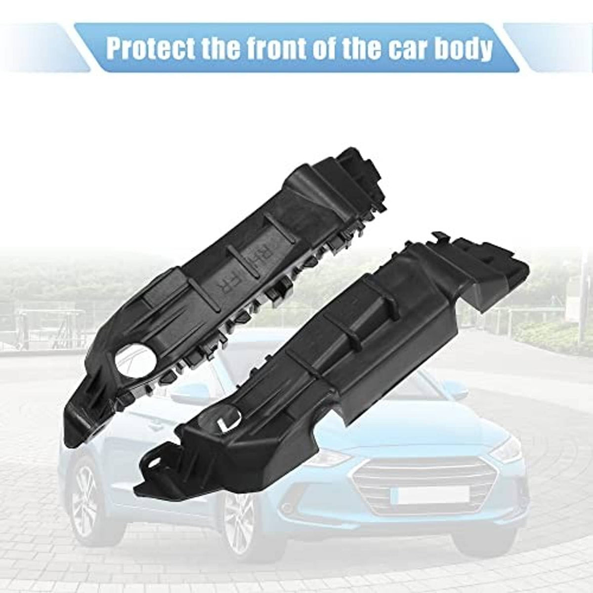 Front bumper mounting support brackets, black plastic, shown on car front