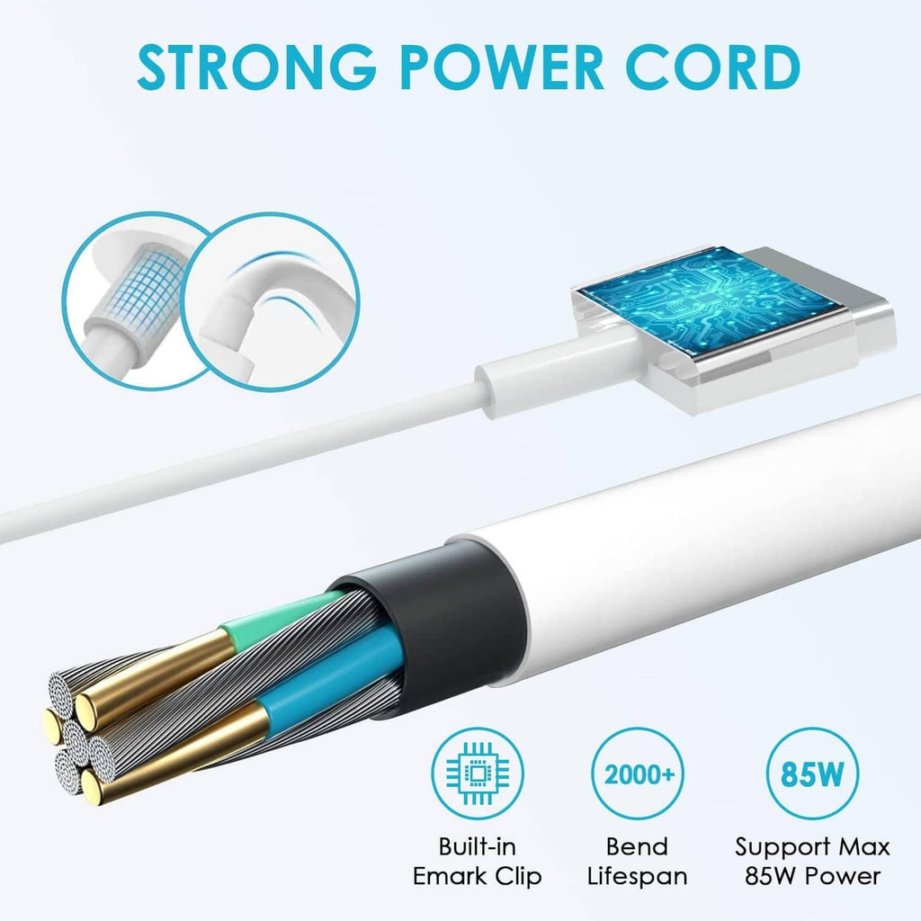White 85W MacBook charger with durable power cord and internal wire detail