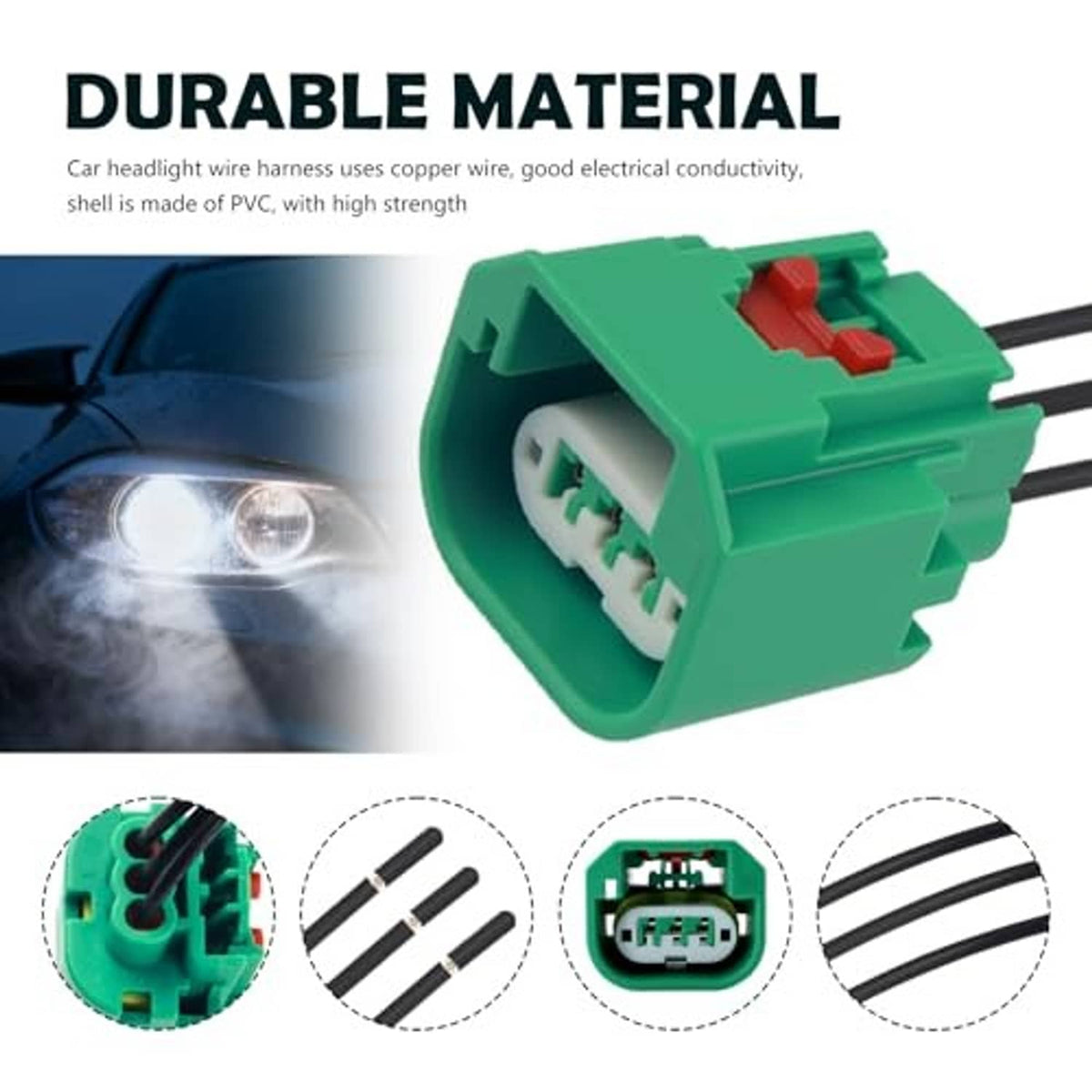Green headlight wiring connector plug with red terminal inserts and black wires