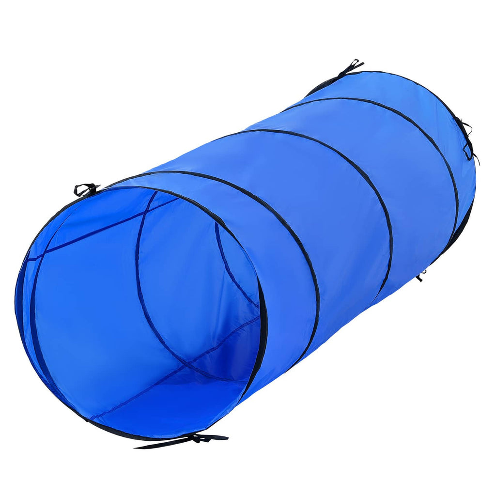 Blue mesh dog agility tunnel with end flaps and carry straps