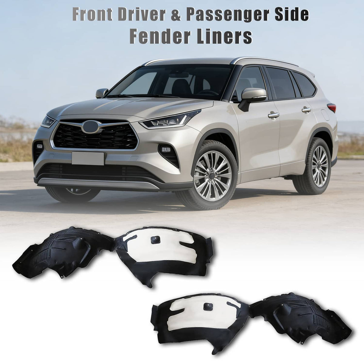 Front driver and passenger fender liners set with black plastic and white foam inserts