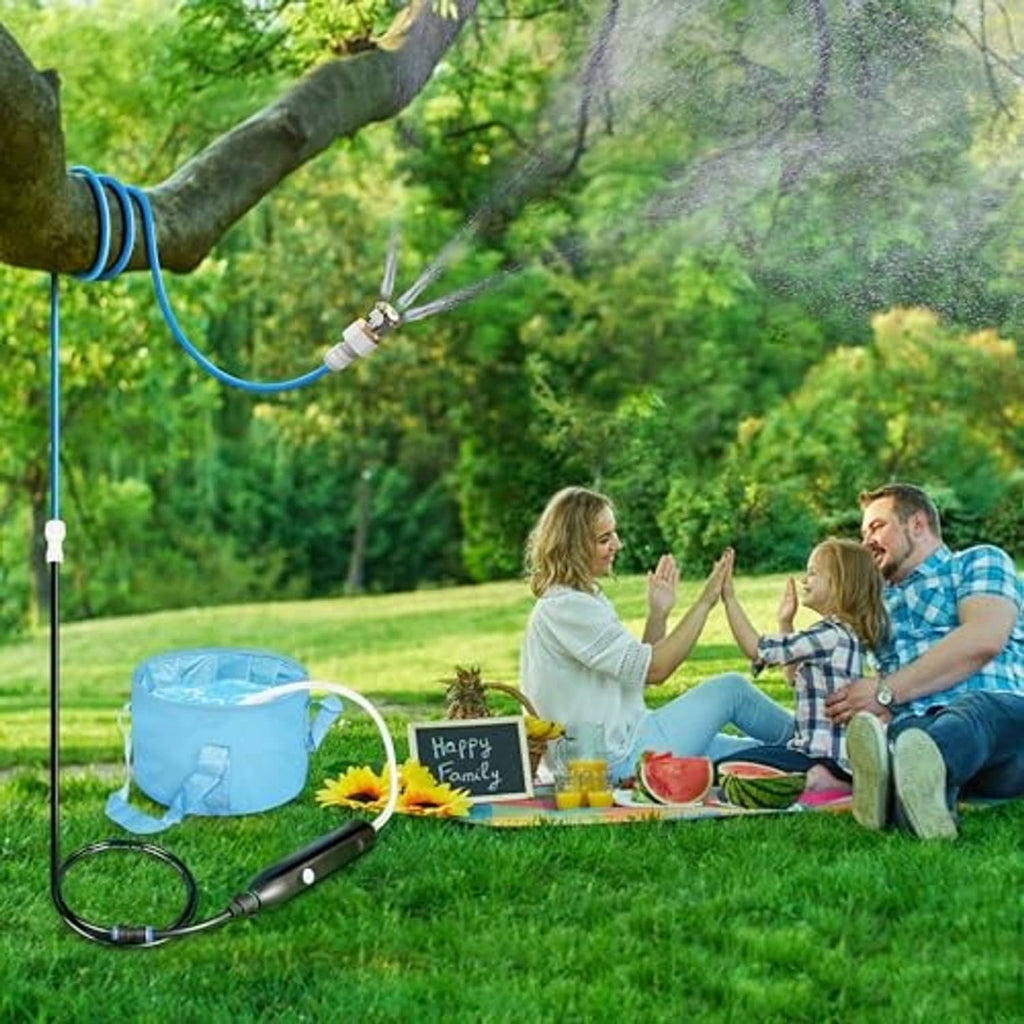 Portable misting system set with blue pump bag, long hose, and spray nozzle for plants.