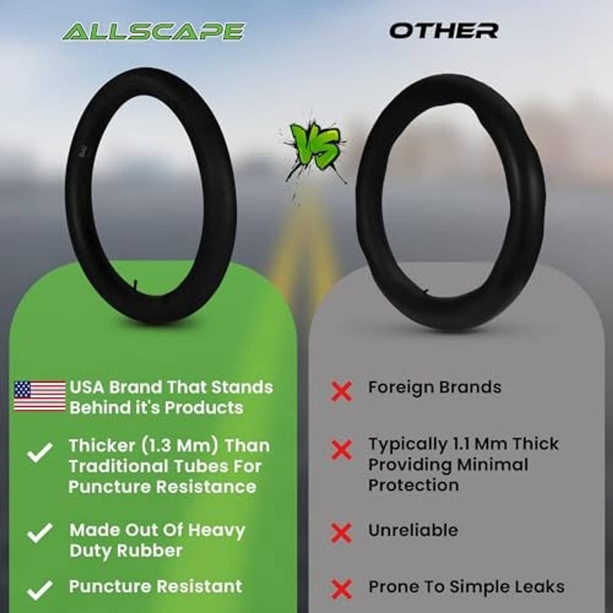 Two black bike inner tubes in a side-by-side comparison graphic