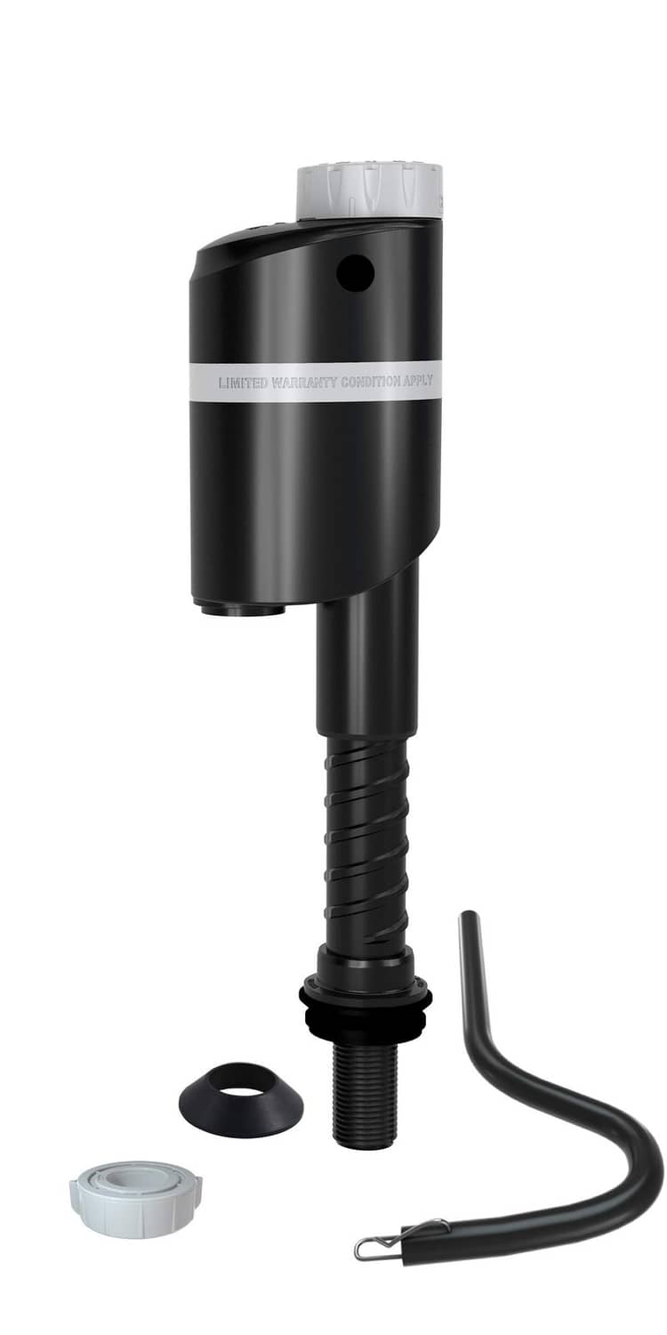 Quiet toilet fill valve with black housing, adjustable threaded inlet, and hose