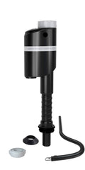 Quiet toilet fill valve with black housing, adjustable threaded inlet, and hose