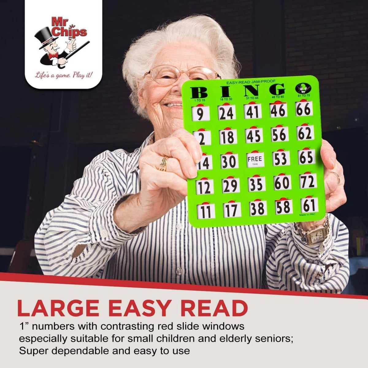 Smiling older adult holding green bingo cards with shutter windows and “FREE” tile outdoors.