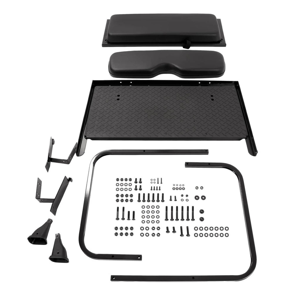 Black rear flip seat kit components and hardware kit in packaging tray
