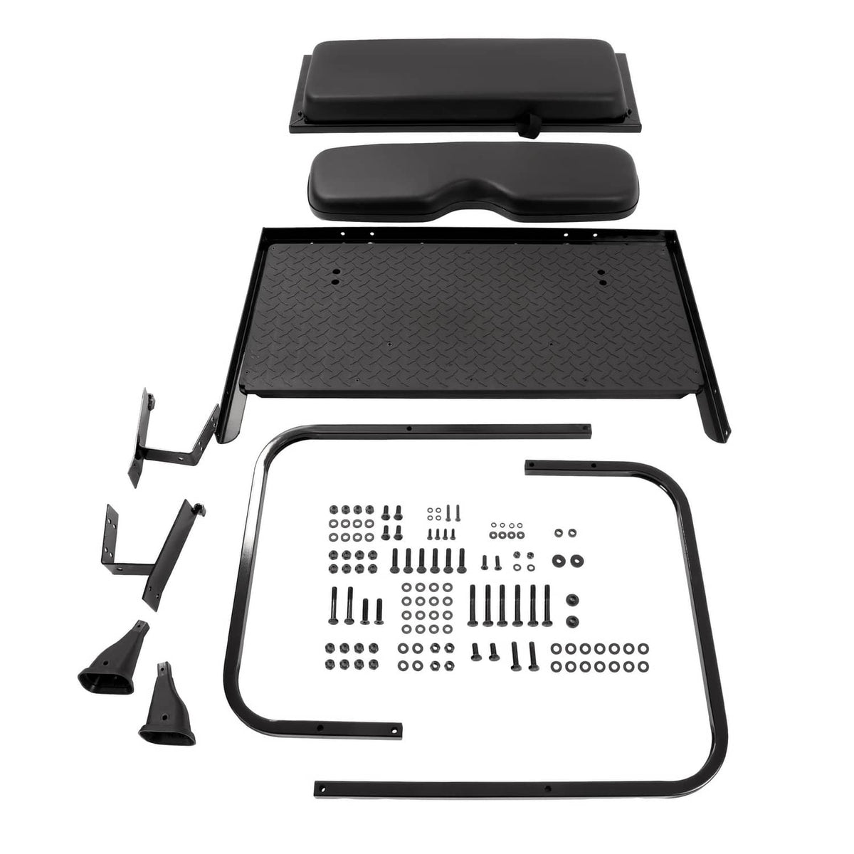 Black rear flip seat kit components and hardware kit in packaging tray