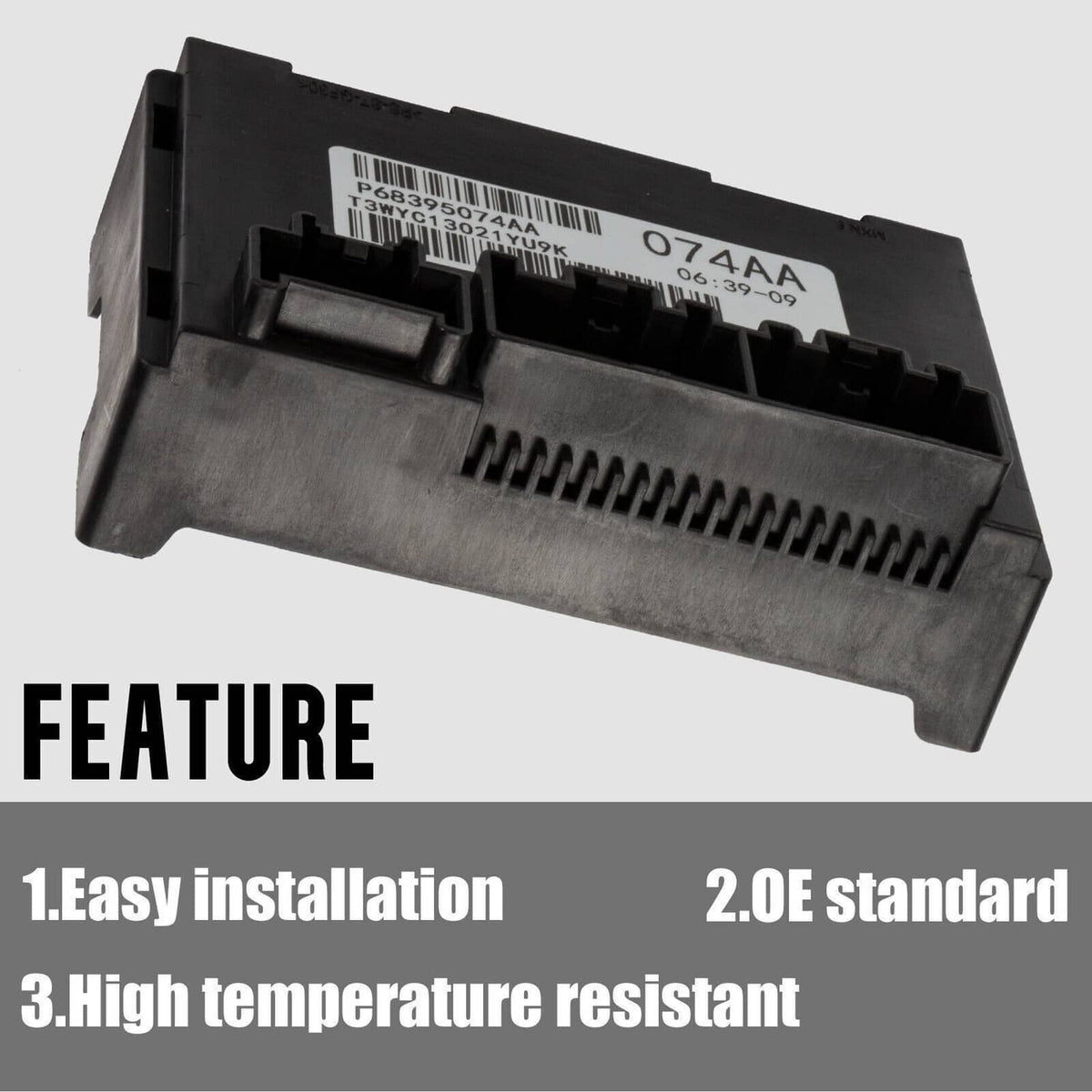 Black transfer case control module front edge with connector housing and label area