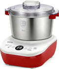 7.4QT stainless dough mixer with clear lid, red side handles, and white control panel