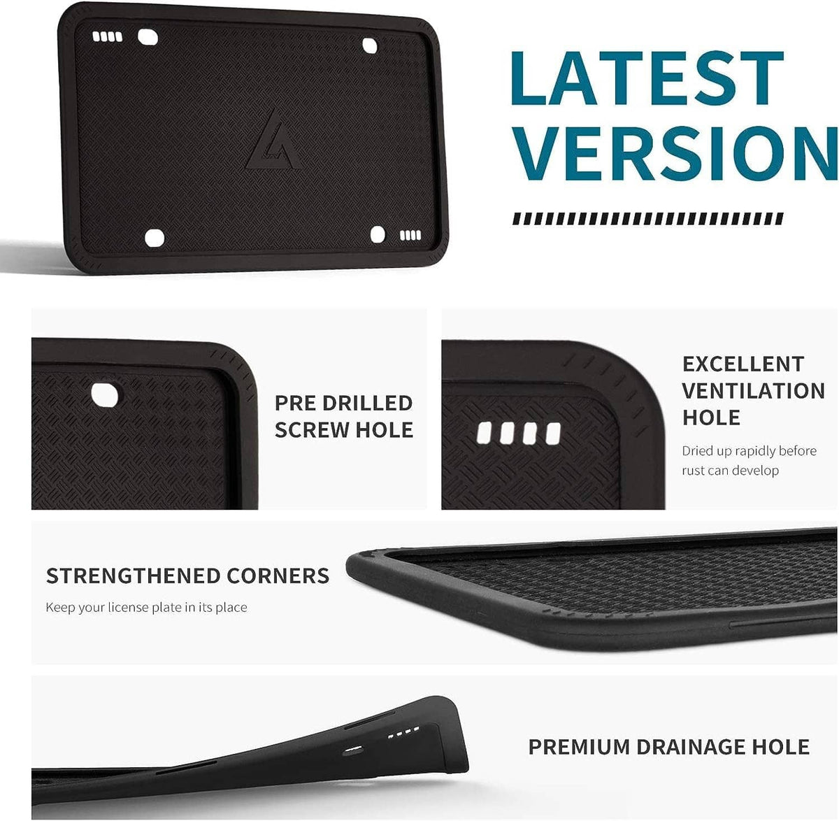 Black silicone license plate frame, angled view with pre-drilled screw holes and reinforced corners
