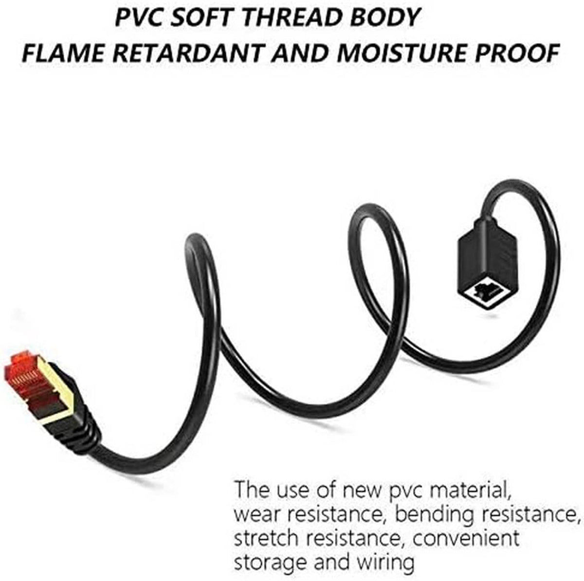 Black Ethernet extension cable with two RJ45 connectors, PVC jacket