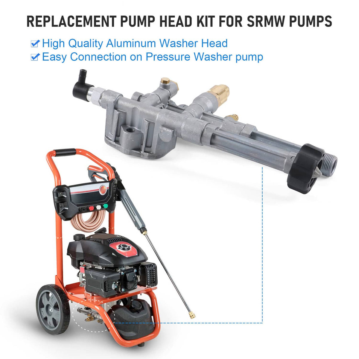 Replacement pump head kit with long gray shaft, black caps, and brass fittings