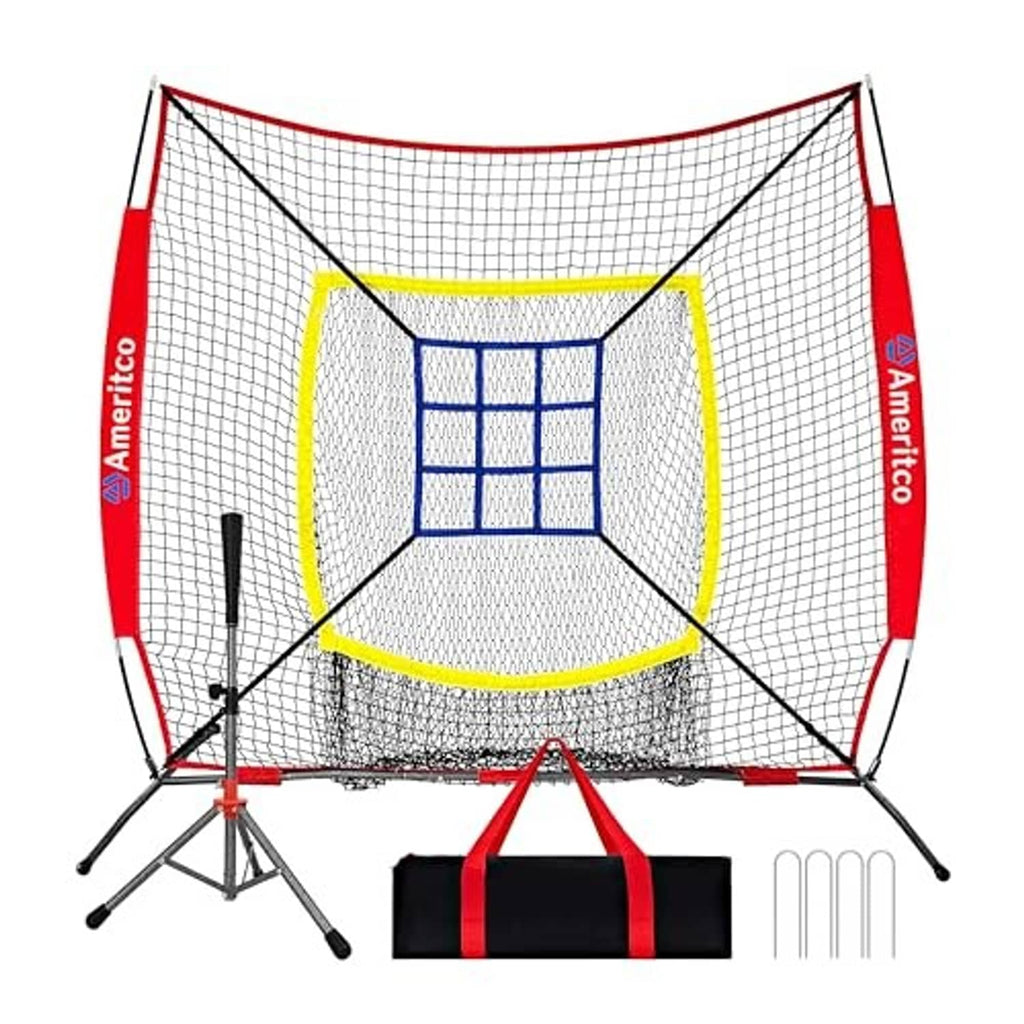 Baseball practice batting net with red frame, yellow-edged target opening, and blue net insert