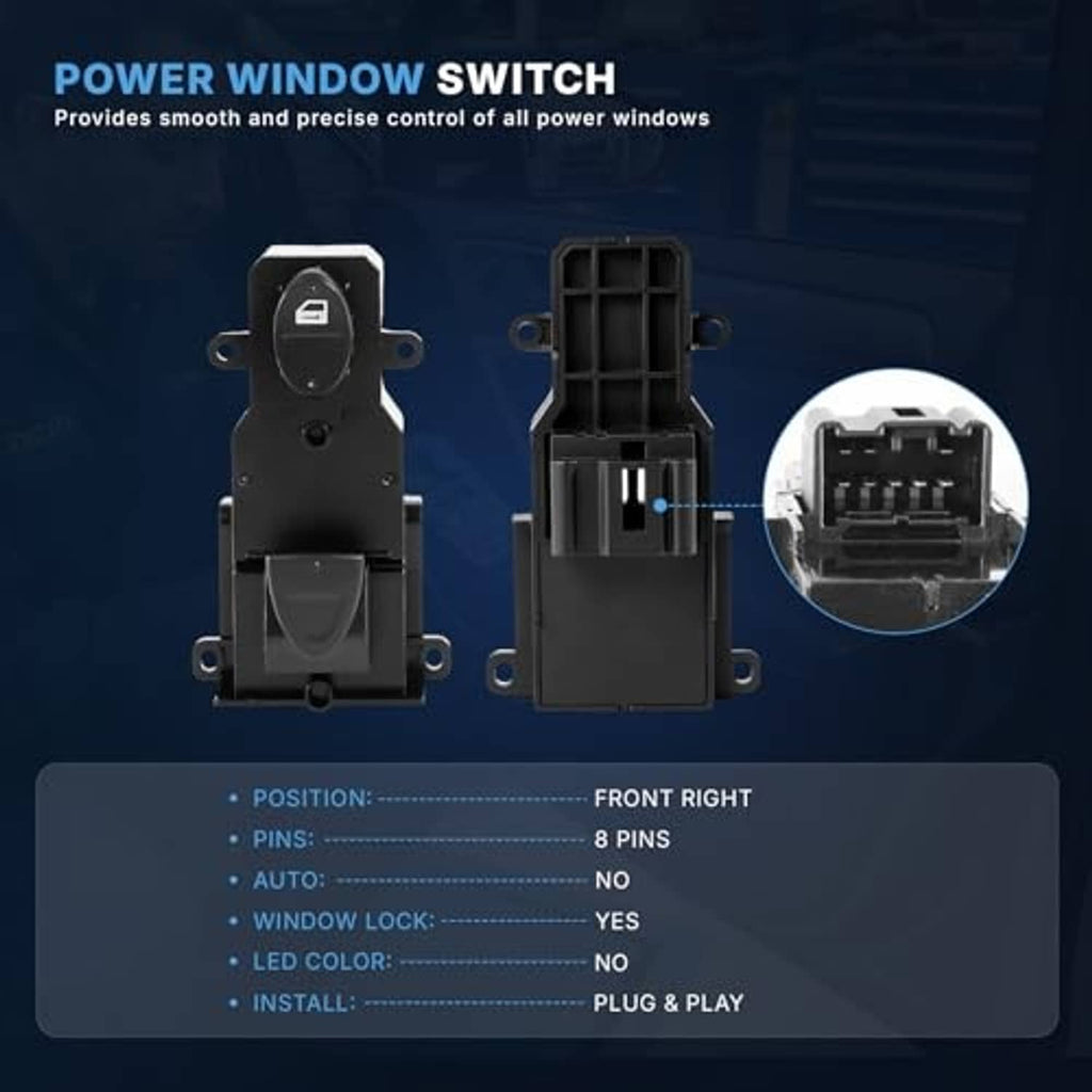 Black power window switch with dual buttons and visible connector housing