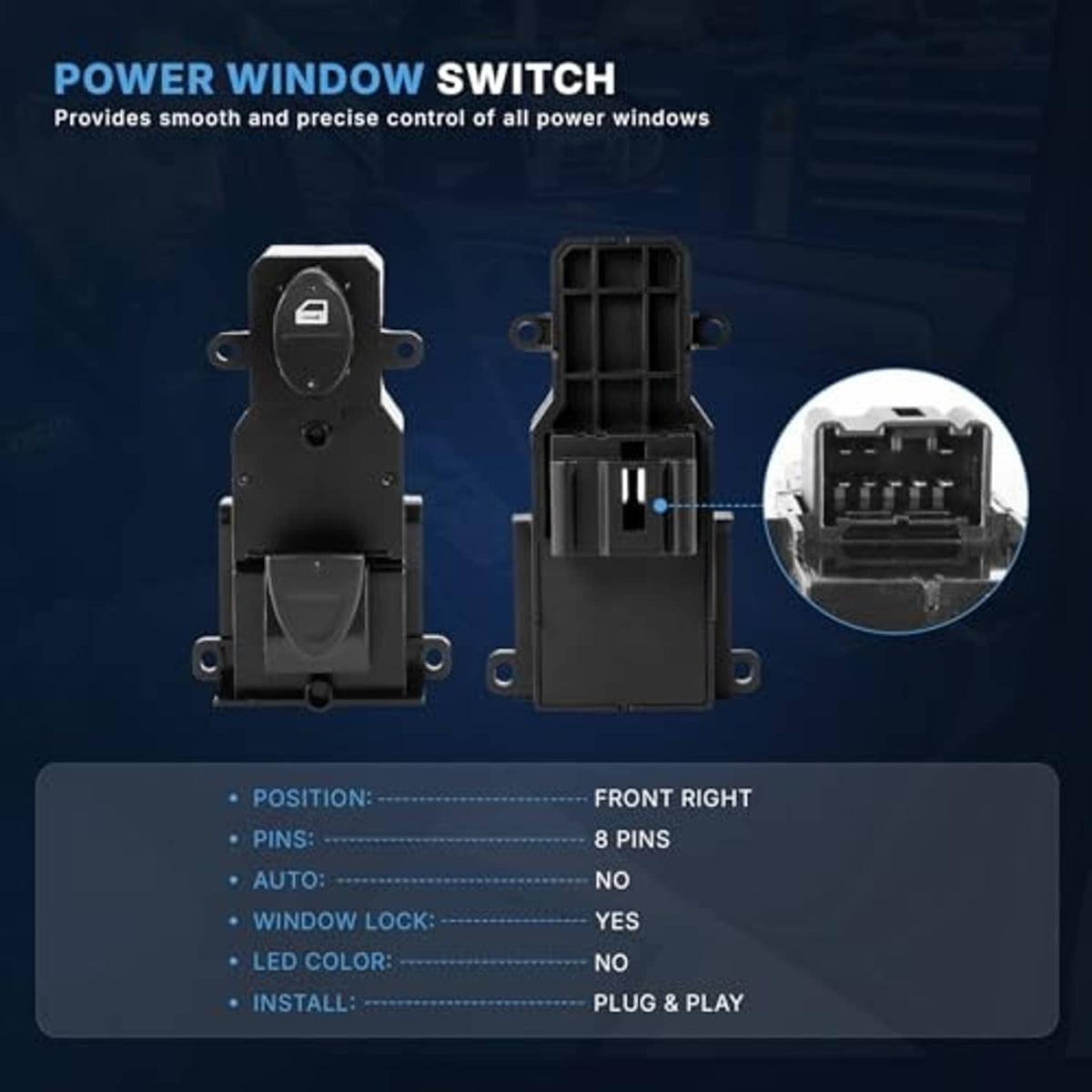 Black power window switch with dual buttons and visible connector housing