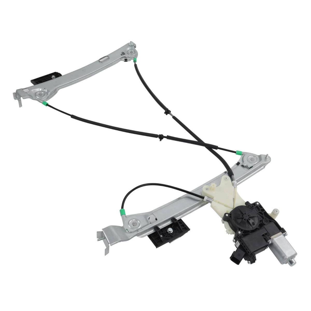 Power window regulator assembly with actuator motor and mounting brackets, angled view