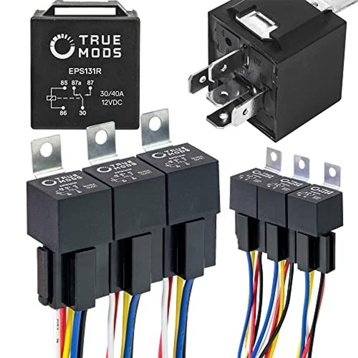 Black 12V relay module kit with mounting tabs and colored wire harness connectors