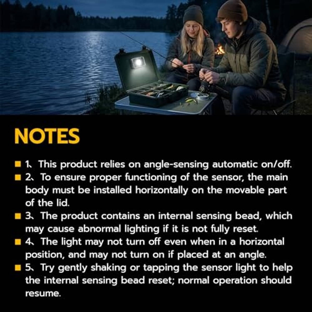 Black LED sensor light with bright front LED on a portable cooler lid