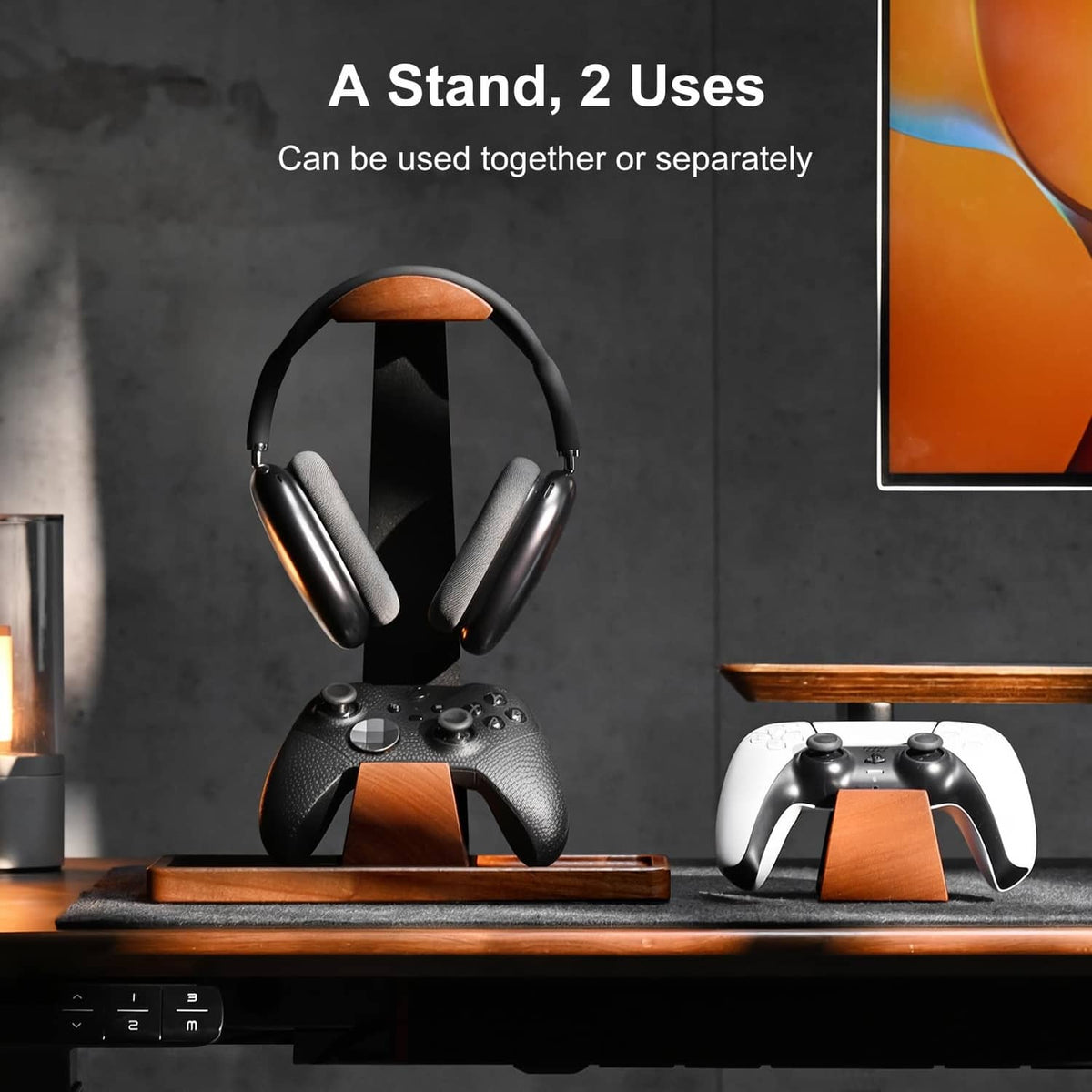 Headset stand with two controller slots, wood inserts on black base for headset and controllers
