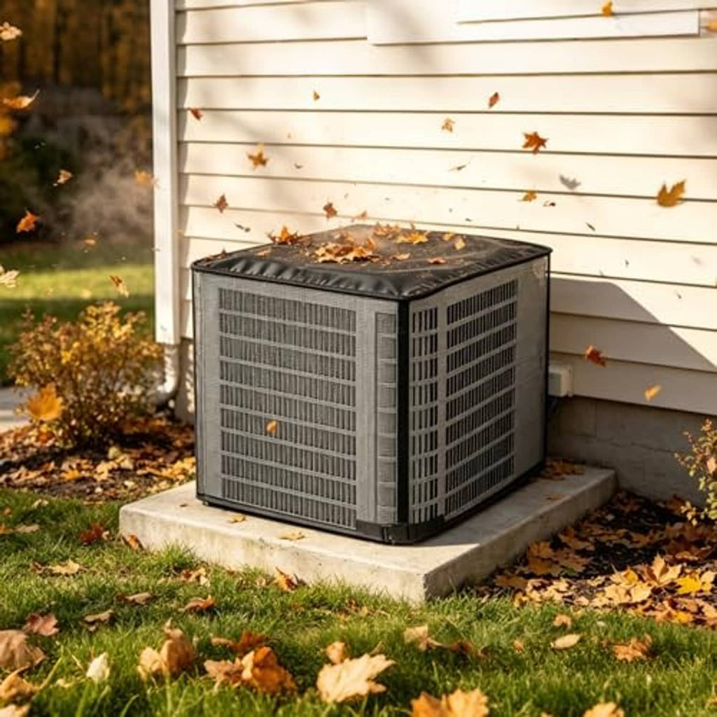Black-topped mesh air conditioner cover on outdoor base with protective coverage