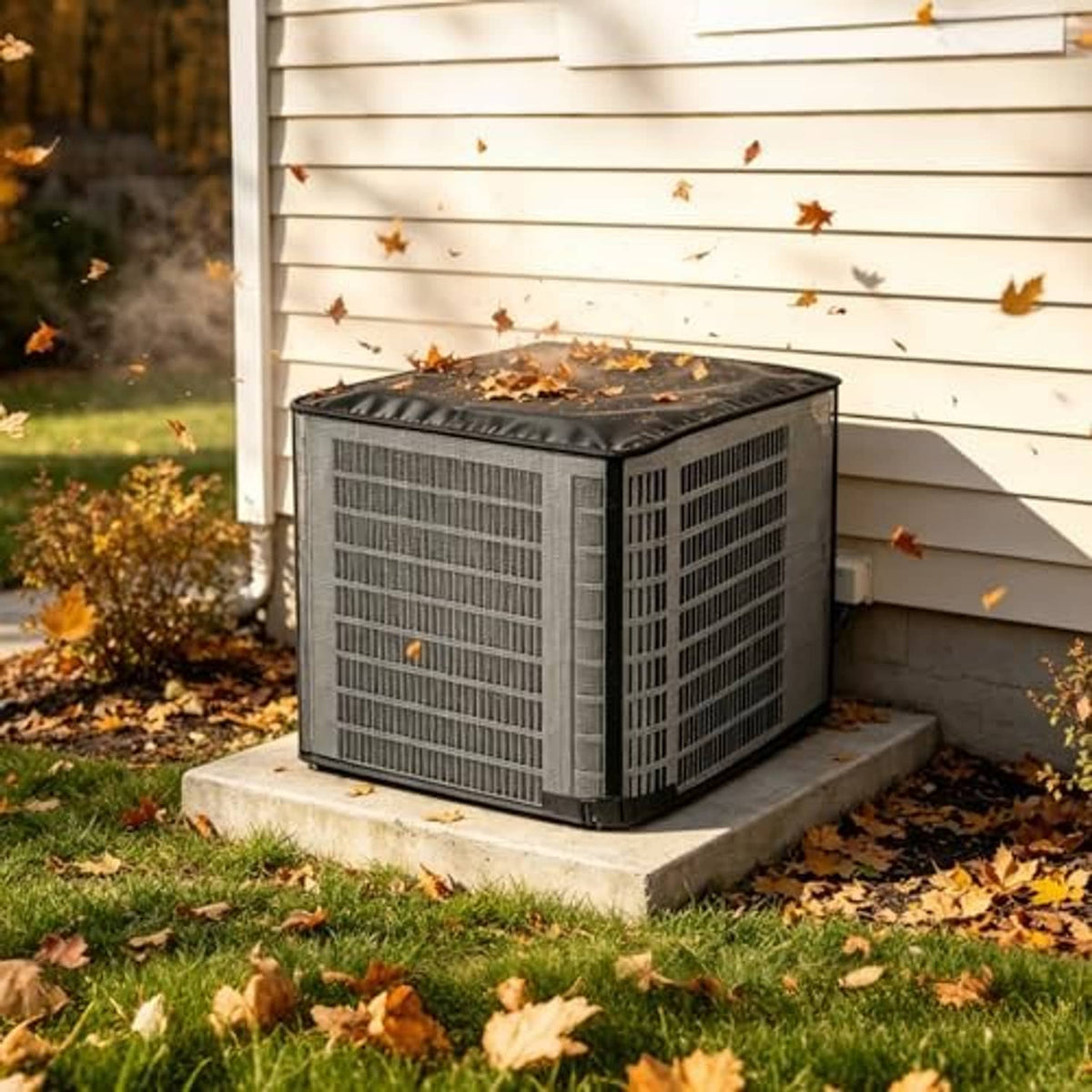 Black-topped mesh air conditioner cover on outdoor base with protective coverage
