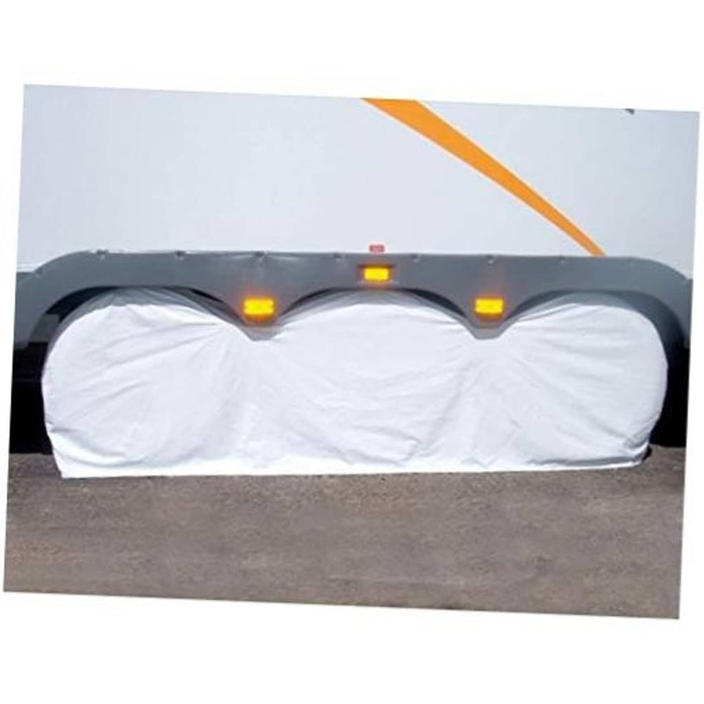 Large white wheel guard cover with fitted drape over three axles, on black frame.