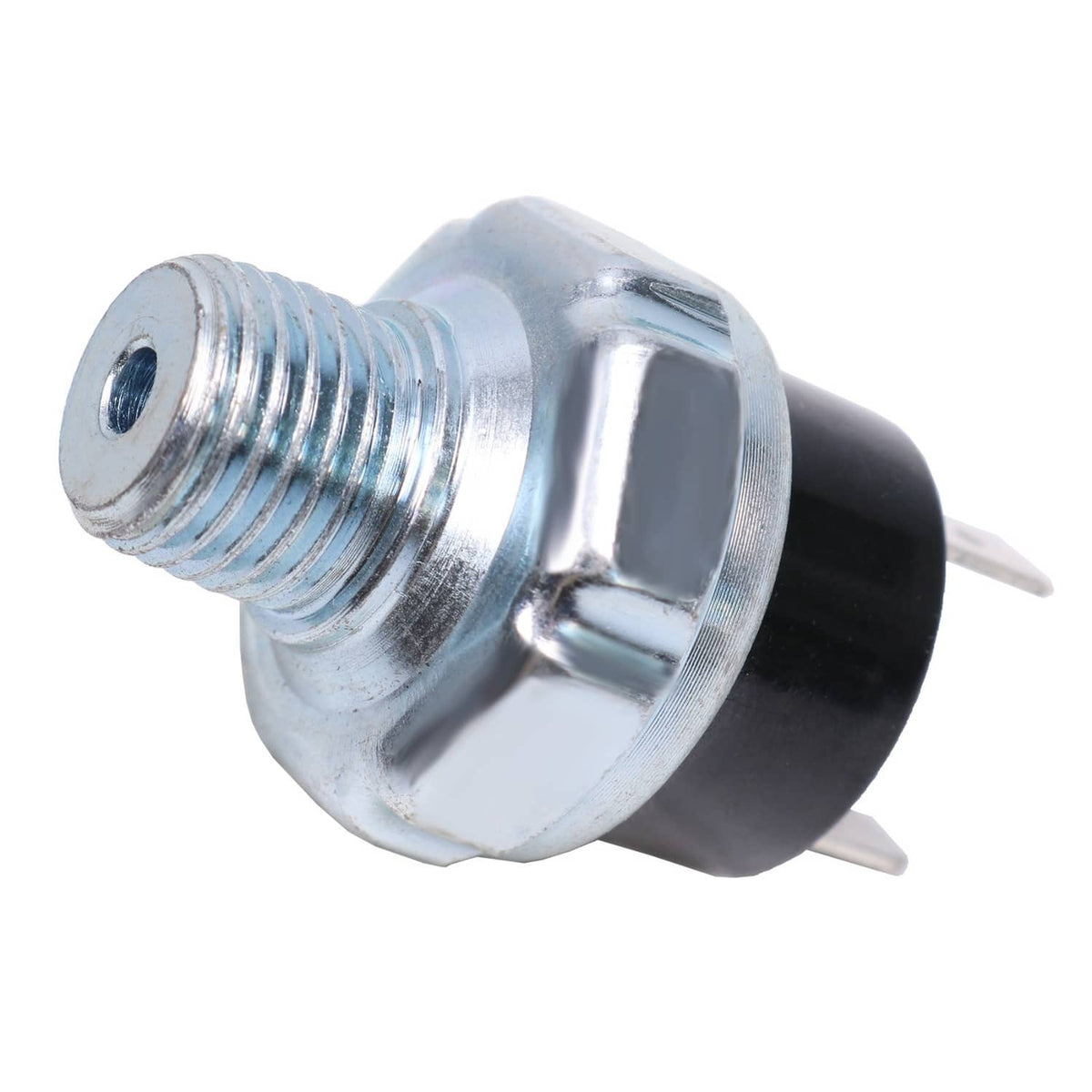 Air pressure switch valve with silver hex body, threaded male connector, and two pins