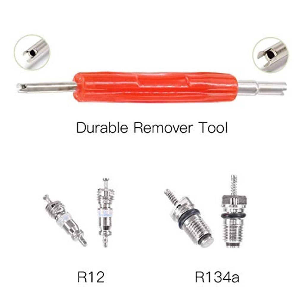 Red durable valve core remover tool with R12 and R134a valve core pieces