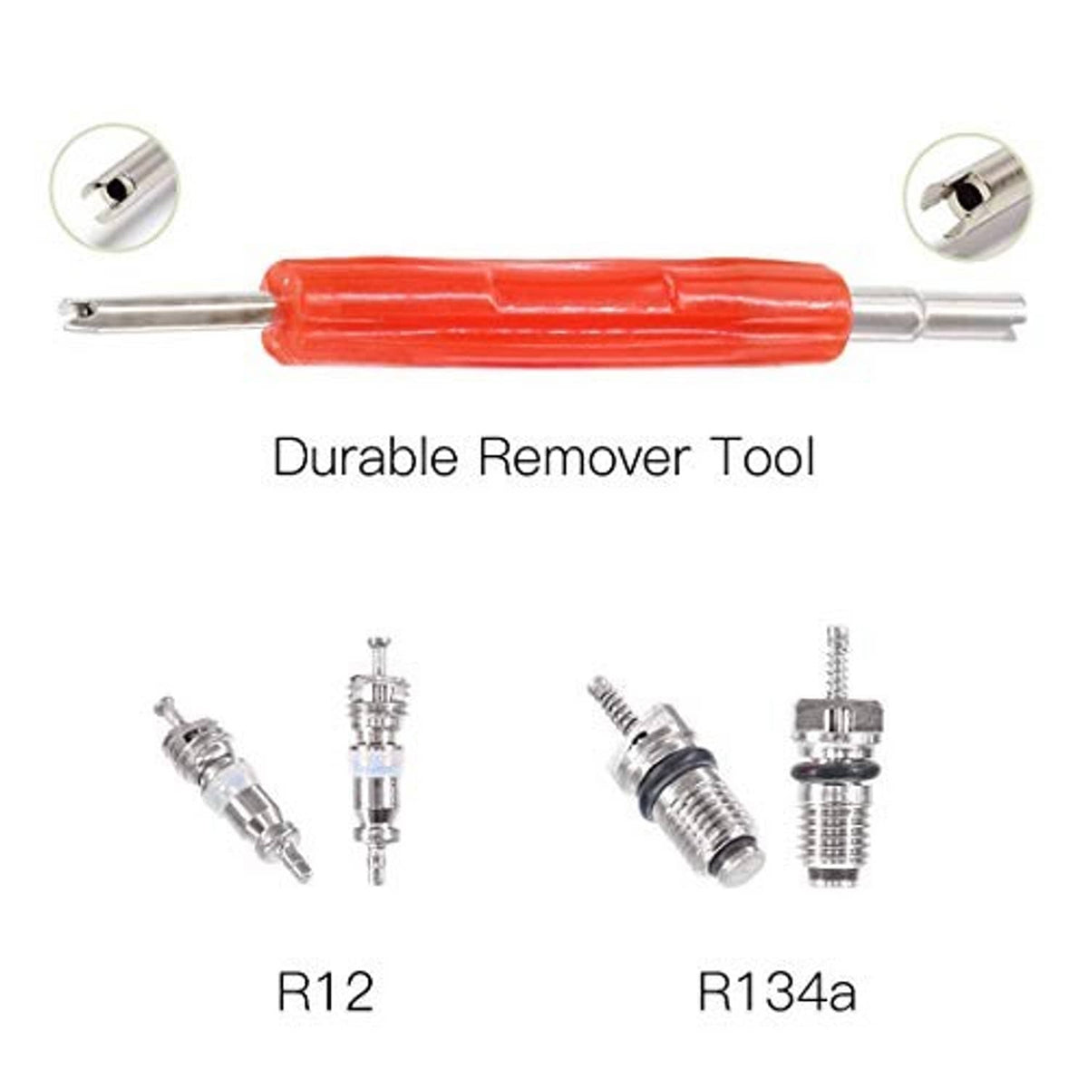 Red durable valve core remover tool with R12 and R134a valve core pieces