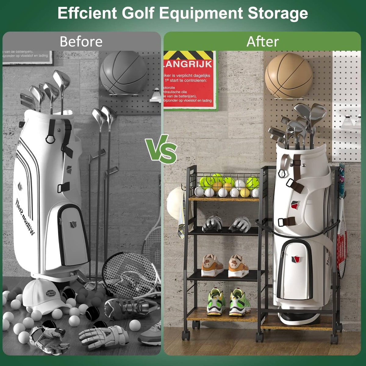 Golf bag garage storage rack with shelves, holding clubs and golf balls beside a mounted bag