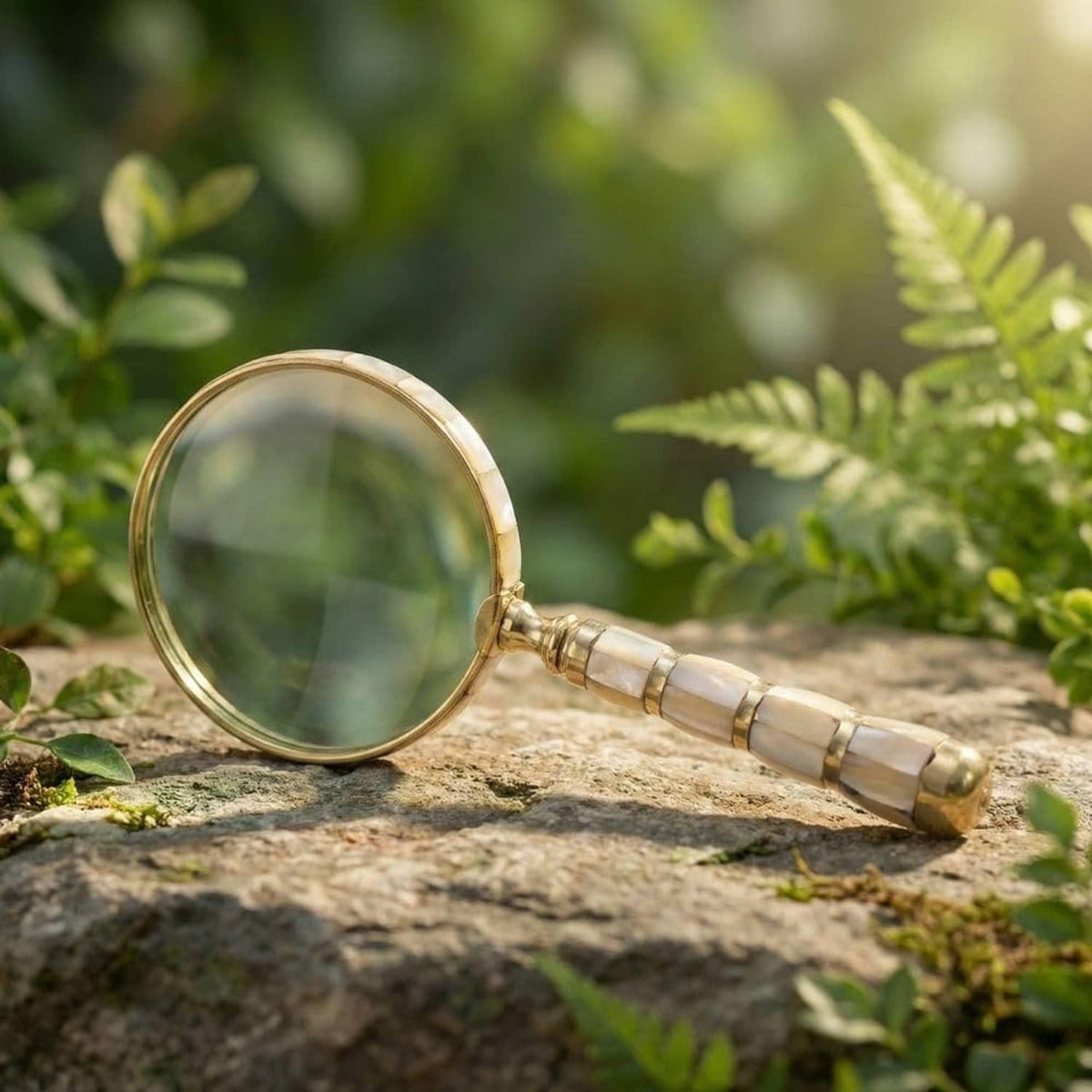 Gold-rimmed magnifying glass with mother-of-pearl inlaid brass handle on stone