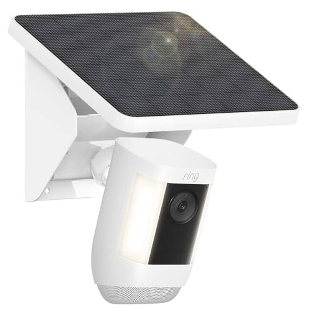 White outdoor solar charging mount with dark solar panel and camera lens