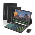 Black tablet keyboard case with foldable stand and green backlit keys