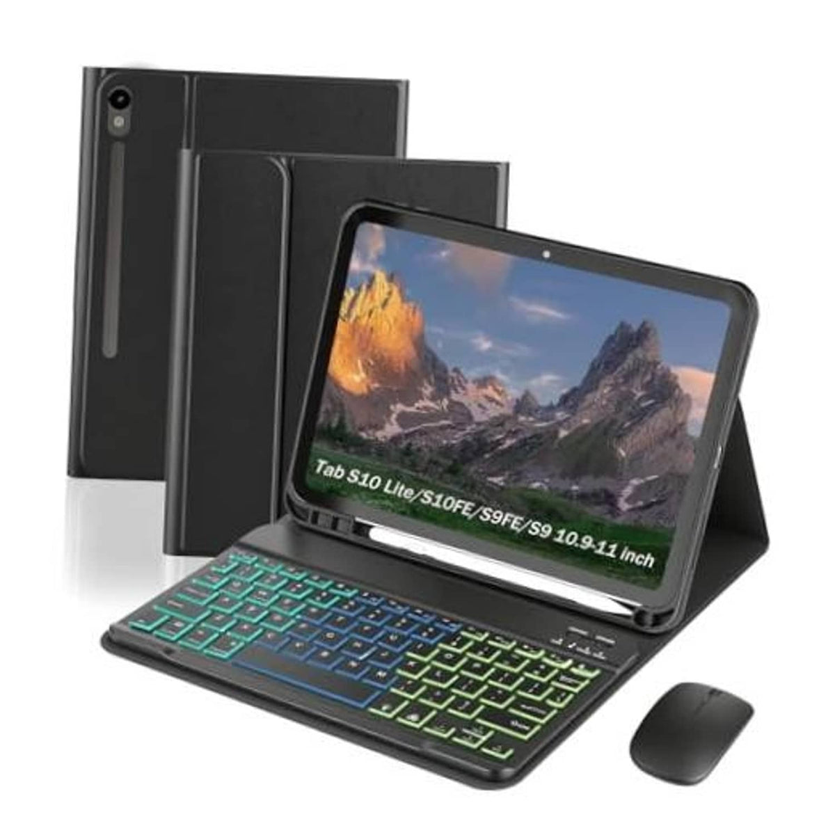 Black tablet keyboard case with foldable stand and green backlit keys