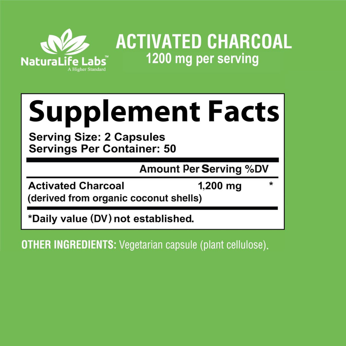 Activated charcoal supplement facts panel with serving size and ingredients