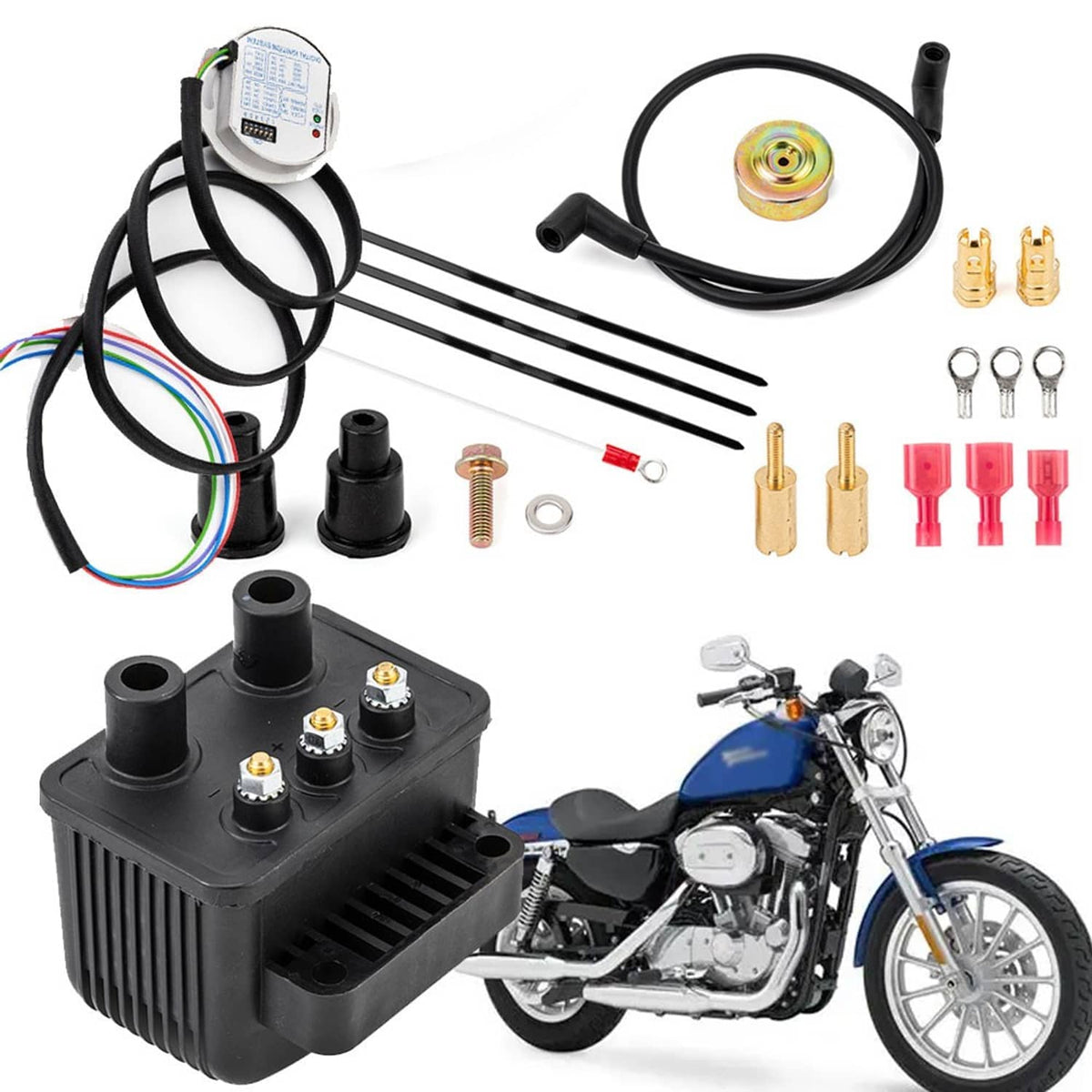 Ignition coil kit parts: digital control box, rotor, ignition coils, wiring, and connectors